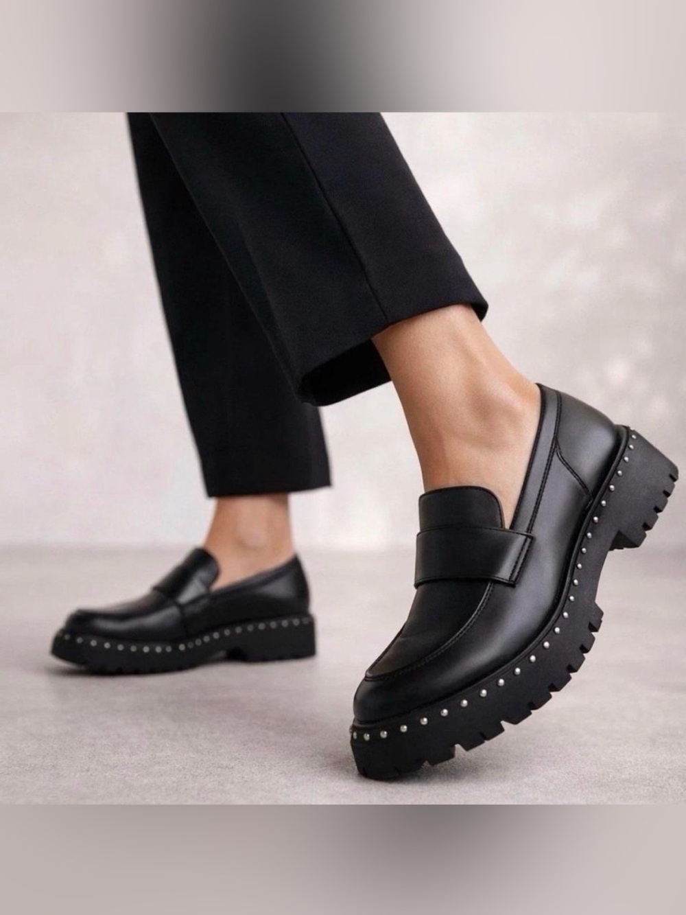 Schutz Christie black leather silver studded lug flatform loafers 7.5
